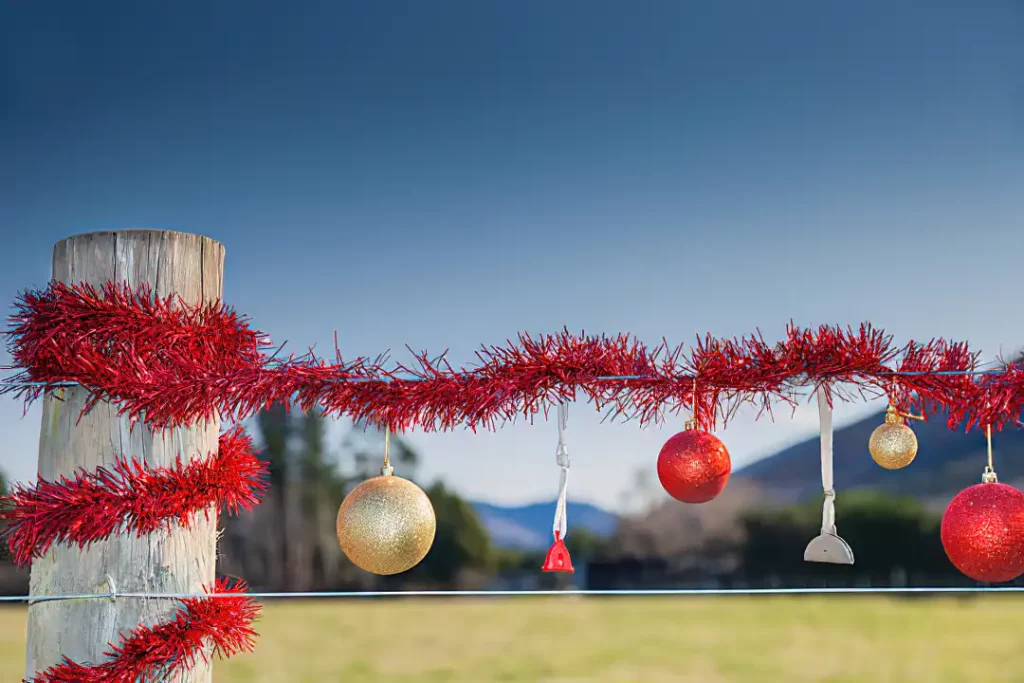 string christmas ornaments from fence posts