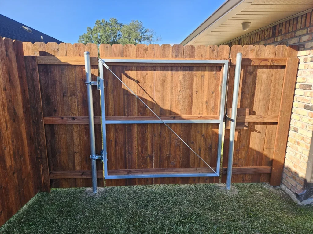 6 foot tall pre stained pecan cedar fence metal frame gate