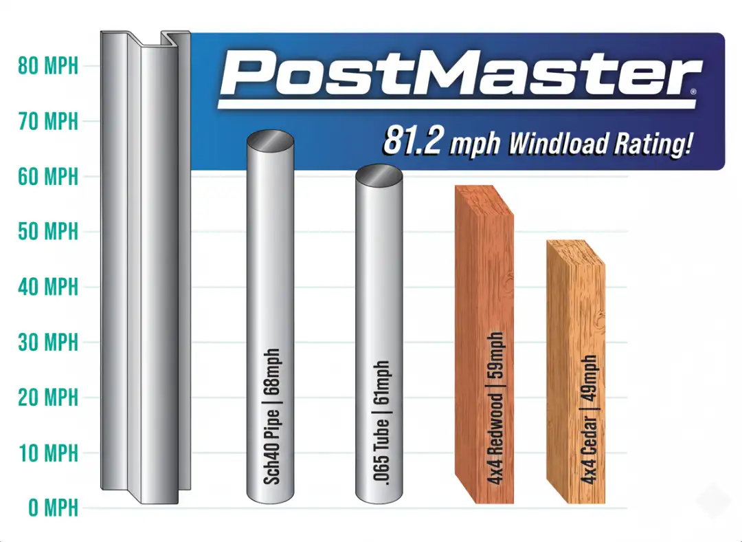 Postmaster fence post wind load rating comparison: steel vs traditional wood-in-concrete
