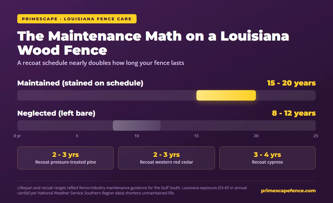 The maintenance math on a Louisiana wood fence, from Primescape Chart comparing Louisiana wood fence lifespan, maintained 15 to 20 years versus neglected 8 to 12 years, with recoat intervals of 2 to 3 years for pine and cedar and 3 to 4 years for cypress